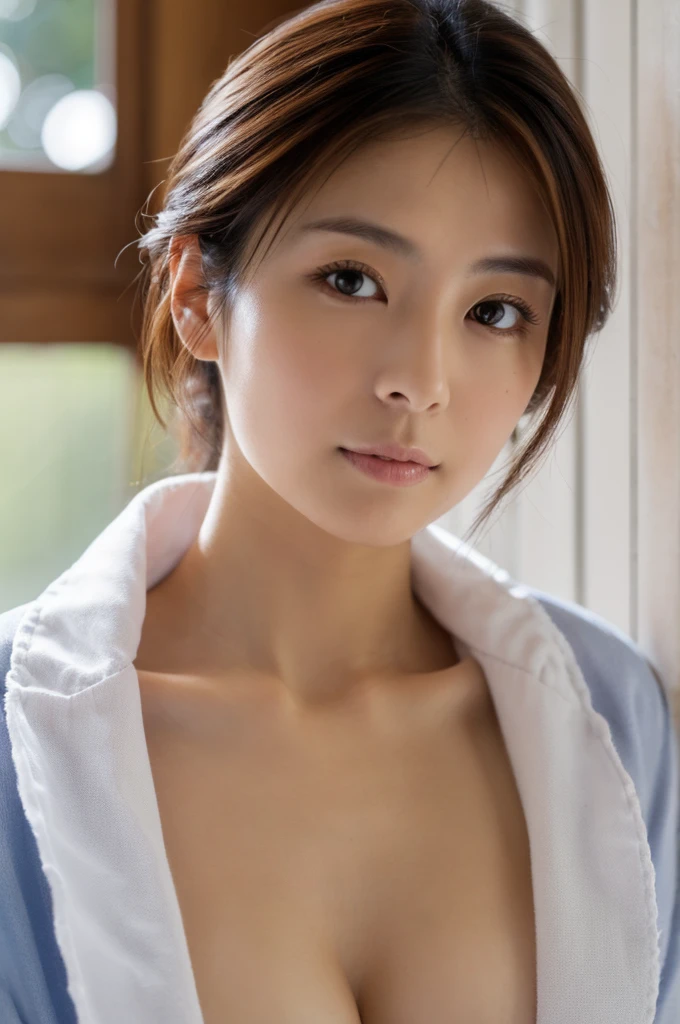 extremely detailed CG unity 8k wallpaper, best quality, ultra-detailed, masterpiece, realistic, photo realistic, extremely detailed girl, 30years old, secretary, large breasts, blush, parted lips, (bathrobe), (cleavage), bathroom , sitting ,half body shot , bun_head