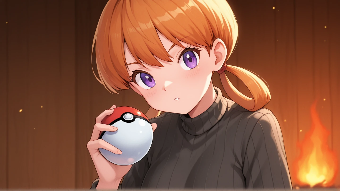 (masutepiece,Best Quality,hight resolution,8K,ultra-detailliert,superfine illustration),NSFW,From below,Upper body,girl,Blonde short hair,Wavy Hair,Blunt bangs,Ahoge,(redeyes),PUPILS SPARKLING,((black basque beret)),(((red polo shirt inside black cable knit cardigan))),Sweaters,((huge breasts,pointed breast)),Selfie,sit on sofa,(((holding pokemon Luxury Ball))),Sunset,coffee shop