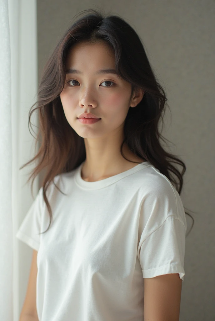 (High reality photograph, high resolusion, detailed face, detailed eyes) Skinny Japanese lady, 40 years old, cute face, various face expression, mid-length hair, skinny figure, small breasts, very thin waist, white T-shirt, in a Japanese room