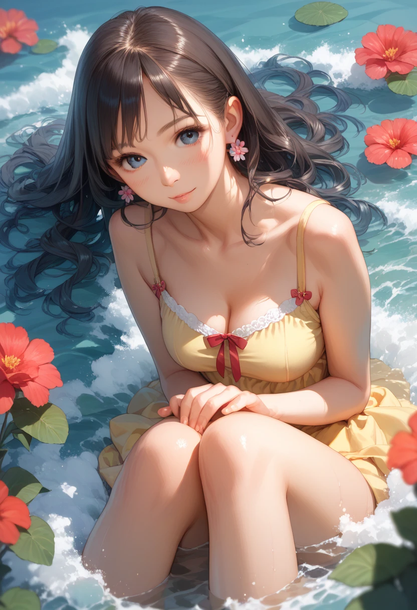 half-body front portrait,1 girl,Solo,Beautiful detailed face,Clear skin,Erotic, Sensual,in summer,Topless,Brown eyes,Beautiful detailed eyes,Black hair, Long hair,sweeping bangs,large breasts,in the water,Hairline,(hair over breasts:1.4), Soaked hair, Soaked body ,(Red hair ribbon), Long eyelashes, Light smile, Light blush,stylish posing,wading,seductive,(Huge lake),beautiful detailed water,Moisture,mist,outside,Cloud,Fantasy world,surrealism, Ray tracing,The upper part of the body, Close-up,Vivid colors,color full, Award-Awarded,stereograms, 4K, Super detail, Textured skin, Anatomically correct ,Award-Awarded,Masterpiece,Best quality