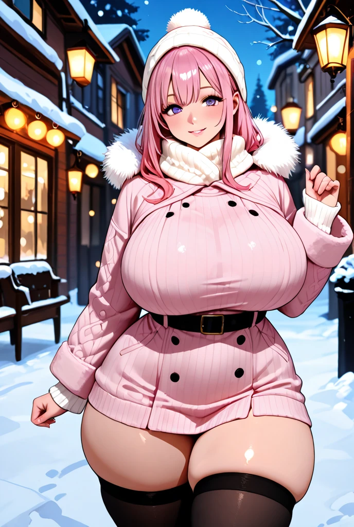 1girl, pink hair, trendy hairstyle,  hd quality, 4k, 8k, knitted cardigan, boots, fluffy hat, stepped on pov, below boot pov, huge breasts, demoness
