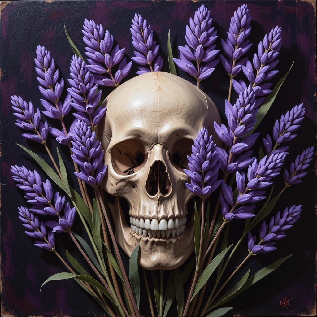 oil painting, a skull with a lilac flowers growing from it, sharp detailing, masterpiece, 8k, HDR, best quality, detailed skin, extremely detailed, detailed shadows, shading,
