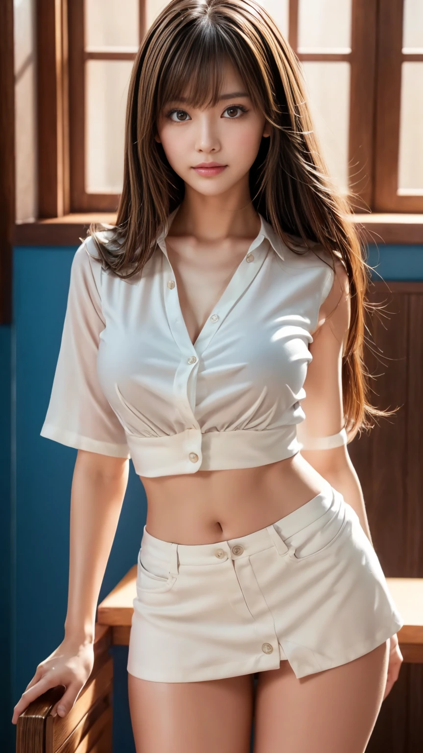 ((RAW photo、highest quality)、(realistic、Photoreal:1.3)、highest quality、masterpiece、very delicate and beautiful、A hvery detailed、nffsw、sense of oneness、2k wallpaper、growing up、Beautiful in every detail、masterpiece、light smile、highest quality、Hvery detailed ticker Unity 8K wallpapers、huge file size、Super detailed、High resolution、very detailed、(((Sailor uniform and miniskirt in navy blue metallic color that stick to your skin and show off your entire body shape.:1.5)))、(((Navel costume:1.5)))、(((They are dancing wildly on the concert stage in the background.:1.45)))、((Hair is moving:1.4))、((smile:1.35))、((Sailor Hut:1.3))、(look at the camera:1.2)、(Add movement to the pose:1.15)、super cute girl、Part of an idol group、19 years old、Spotlight、professional lighting、cinematic light、