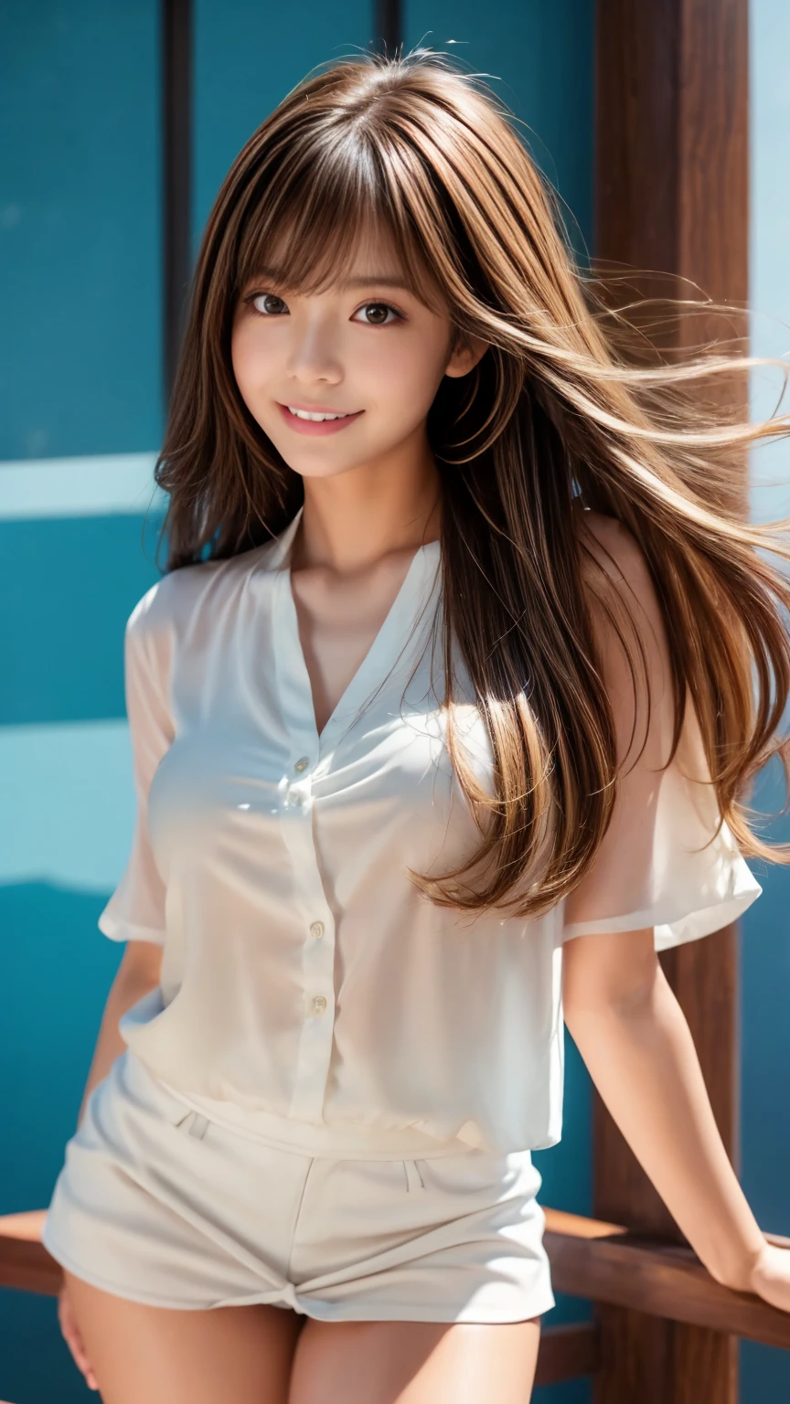 masutepiece, Best Quality, Photorealistic, Ultra-detailed, finely detail, High resolution, 8K Wallpaper, 1 beautiful woman, Wear sleeveless fashionable clothes, at campus, light brown messy hair, Perfect dynamic composition, Beautiful detailed eyes, Smiling happily, Perfect teeth visible, foco nítido, Detailed skin texture, detailed hairs、Slimed、A slender、Model body type、Brown hair