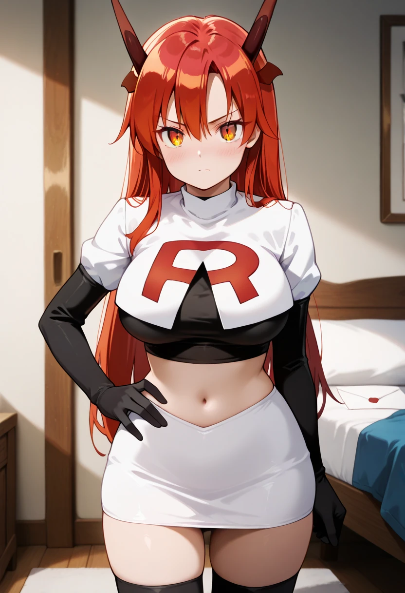 team rocket uniform,(logo on shirt:1.25),white jacket,white skirt,midriff,(large breasts:1.5),shiny,hair,((solo)),((masterpiece)),((best quality)),perfect anatomy,slim waist,perfect image,8k UHD,(beautiful detailed eyes:1.5),extremely detailed face,standing,(upper body:1.1),(look at the front:1.1),arms behindback,ultra-detailed,absurdres,highres,(shiny hair),red hair,((sensitive smile)),indoor hall,semi-long hair,bangs,