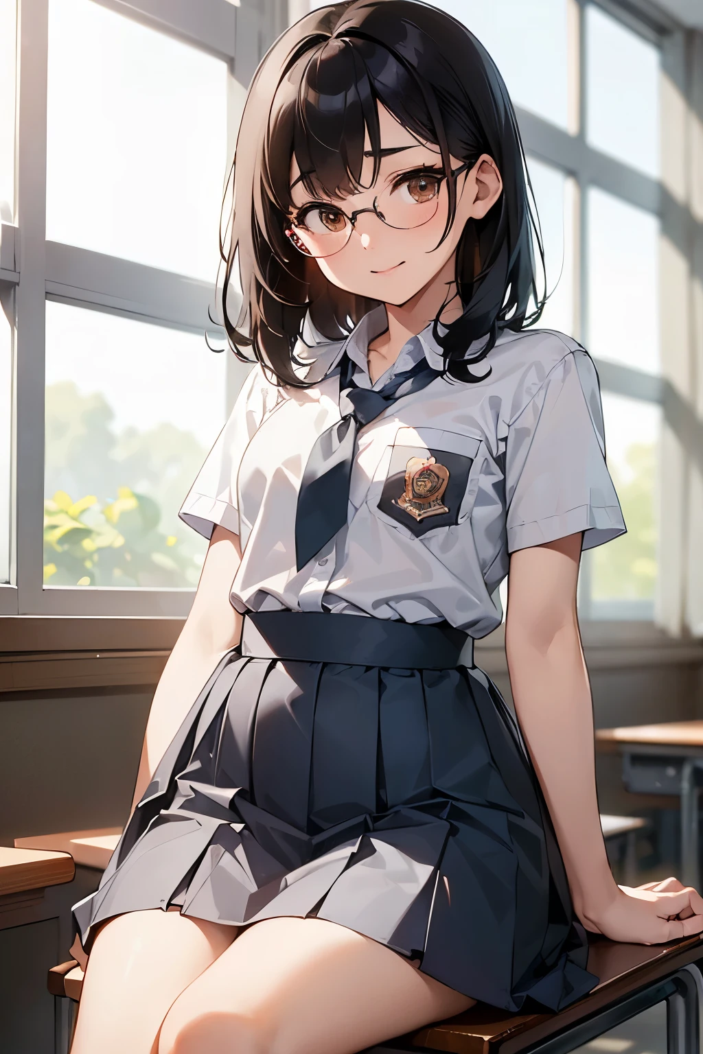 (extremely details CG, Unity, 8K Wallpapers), (extremely delicate and beautiful), (​masterpiece), (top-quality:1.0), (超A high resolution:1.0), ((perfect proportion shot:1.0)), beautiful vibrant lighting, realistic shadow, [high resolution], round shape cute face, round brown eyes, cheerful brow, kindsmile expression, ((glasses)), ((black hair)), ((medium hair, over the shoulder)), ((no bangs, side parted front hair)), (((small breast size))), slender body shape, Indonesian high school classroom, Indonesian high school uniform, ((without neckties)), osis logo on shirt pocket, white short sleeve button shirt, grey pleated skirt, sitting in classroom chair reading a book, ((waist up shot))