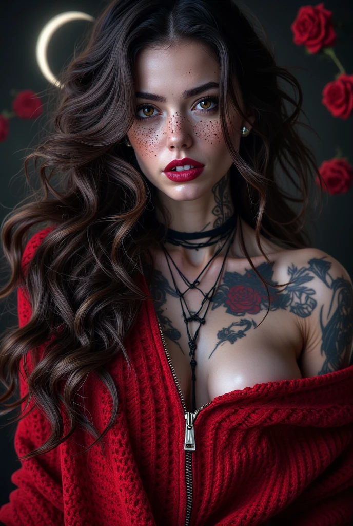 a photo of a seductive woman with loose styled colored hair, bored, (she is wearing dark red lingerie:1.2), whimsical pose, mascara, (tattoos:1.1), (textured skin, skin pores:1.1), (moles:0.8), (imperfect skin:1.1) intricate details, goosebumps, flawless face, (light freckles:0.9), ((photorealistic):1.1), (raw, 8k:1.2), dark, muted colors, slate atmosphere