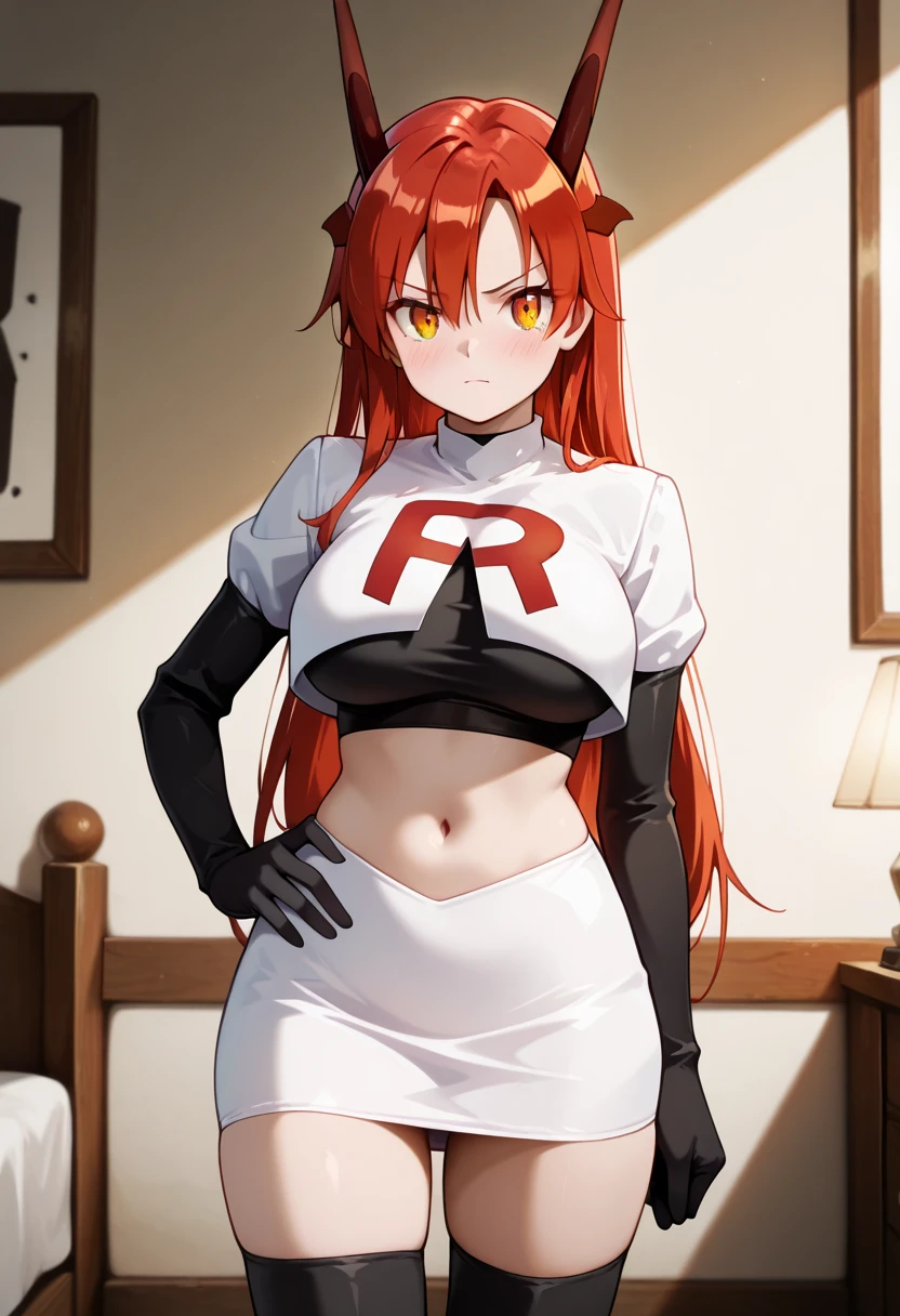 (masterpiece:1.3), (absurdres:1.3), (best quality:1.3),looking at viewer, tania-fi, dragon horns, dragon tail, team rocket,team rocket uniform,white skirt,crop top,black thigh-highs,black elbow gloves,