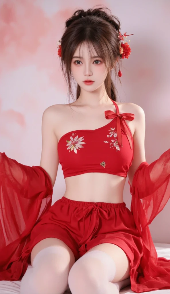 photorealistic, high resolution, masterpiec e best quality ultra-detailed, 1women. (m edium breast), hair bun, jesmine flower o n the head, mature female, solo, hips up, (wearing acmmsayarma outfit, acmmsaya rma ( Red♥️ top ) with buttons, long sleeves), ((acmmsayarma  Red♥️  long skirt) 