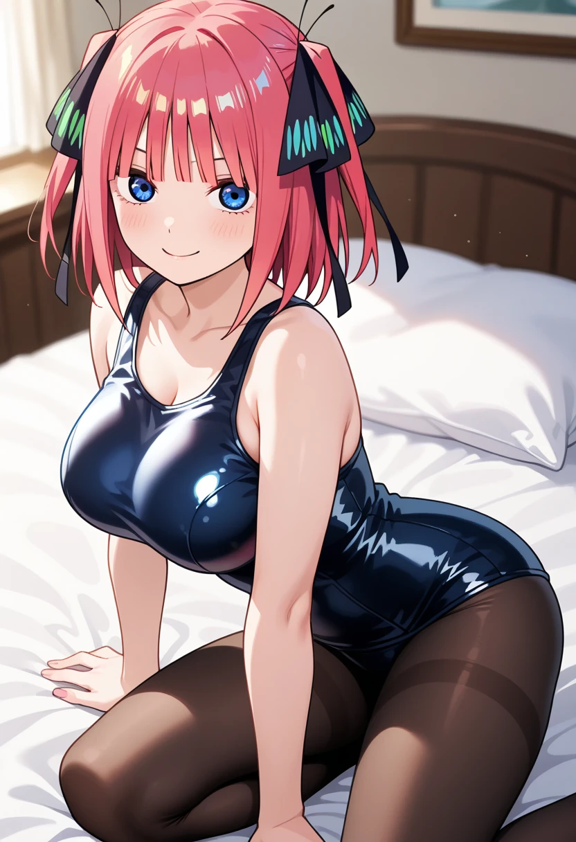 masterpiece, best quality, insanely detailed, beautiful, nino nakano, one-piece swimsuit, breasts, pantyhose, blush, smile, bed room, legs spread
