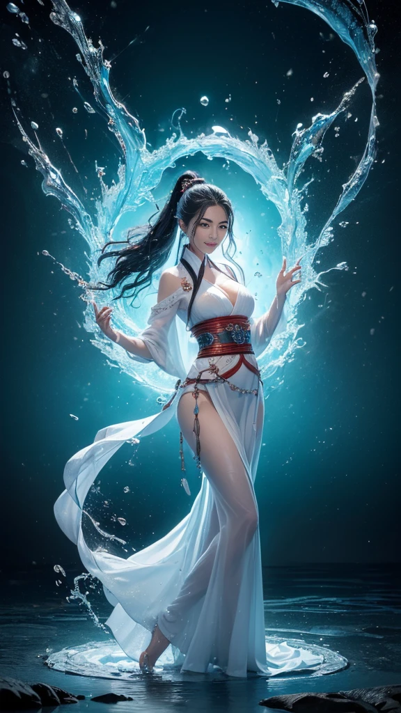 Water bender uniform, with long white hair controlling water, korra from the legend of korra,legend of korra setting, asian female water elemental, fan art, epic digital art illustration, steven artgerm lau, avatar the last airbender, big breast, robbed shirt, water elemet, water bender, water skill, White hair. Close up face, big breast, naughty face, katara hair, water tsunami, water ice. ((BIG BREAST))