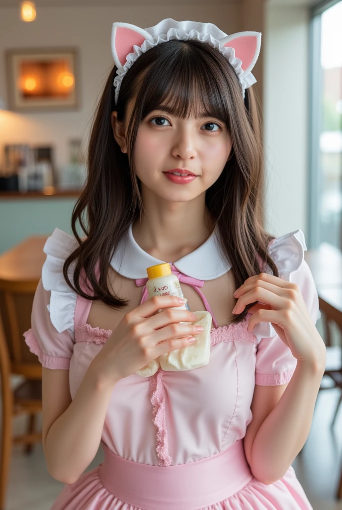 Japanese female, a lot of details, (underweight), 30 years old, detailed black hair, beautiful detailed hair, super fucking beautiful, delicate beautiful face, complex details beautiful and delicate eyes, perfect hands, (flat chest best quality:1.5), perfect and delicate limbs, detailed skin, best quality, ultra-detailed,(cheerful grin:1.5),
(hamburger shop:1.2), witch, (have a hamburger and juice:1.1), long hair, (Maid clothes:1.1), half body photo, from front, ground-level shot, practical lighting