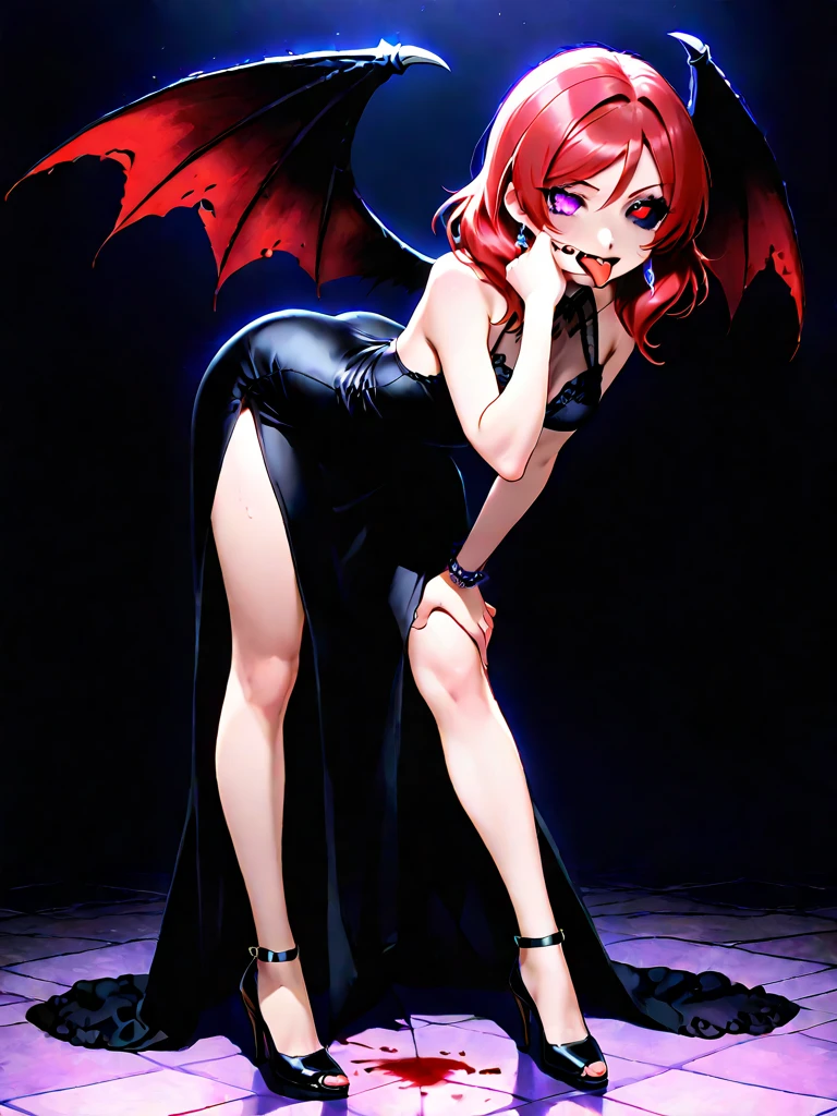 Nishikino maki, Purple eyes, bangs,red bodysuit,demon tail,demon wings, licking blood,solo