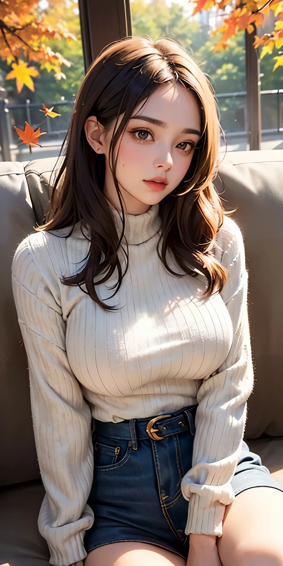 (8Khigh resolution), (best quality), (RAW image quality),(On the table:1.2), (Practical), (Practical:1.37), Oval face,White-eye,Long eyelashes,Double eyelids,(Live-action Practical style),Ultimate Face,Practical light and shadow,Clear facial features,Milky white skin,White skin, High Detail Skin,Practical skin details,Visible pores,(Very detailed),Random hair length, (Flowing hair),Take the best portraits,,Very detailedな, 1- Girl, Lovely,Beautiful and delicate eyes, Beautifully detailed nose, Very delicate skin,whole body ,(eye contact),(Large Breasts、Full breasts)、(Double eyelidsの美しい顔),((whole body画像)), (realism: 1.4),high resolution, Excellent details, ultra high resolution, (Show your most beautiful smile to the audience),,Beautiful face,,20 years old,(Beautiful Face 1.4),slim, (long hand knitted turtleneck sweater:1.2)、(Plaid pleated skirt:1.2),((Don't tuck your sweater into your skirt、Long sleeve:1.2)),((Autumn scenery)),shooting in the city,(whole bodyショットです.),Sweater color random,Skirt color random