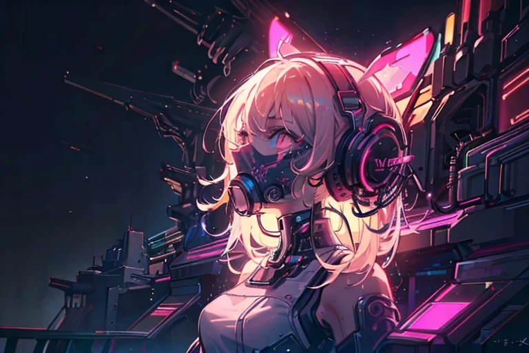 Best quality, (masterpiece:1.2), best detail face, 1 girl, big breasts, 18 yo, 8k,absurdres,unity 8k wall paper,(extremely detailed:1.3), highest realistic, (simple headphones:1.1), (soft neon light:1.1), (floating hair:1.2), (psychedelic:1.2), Her room full of music equipment and plants, Leaning back on the chair with a casual attitude, Light clothing in summer, dark color palette, blonde hair