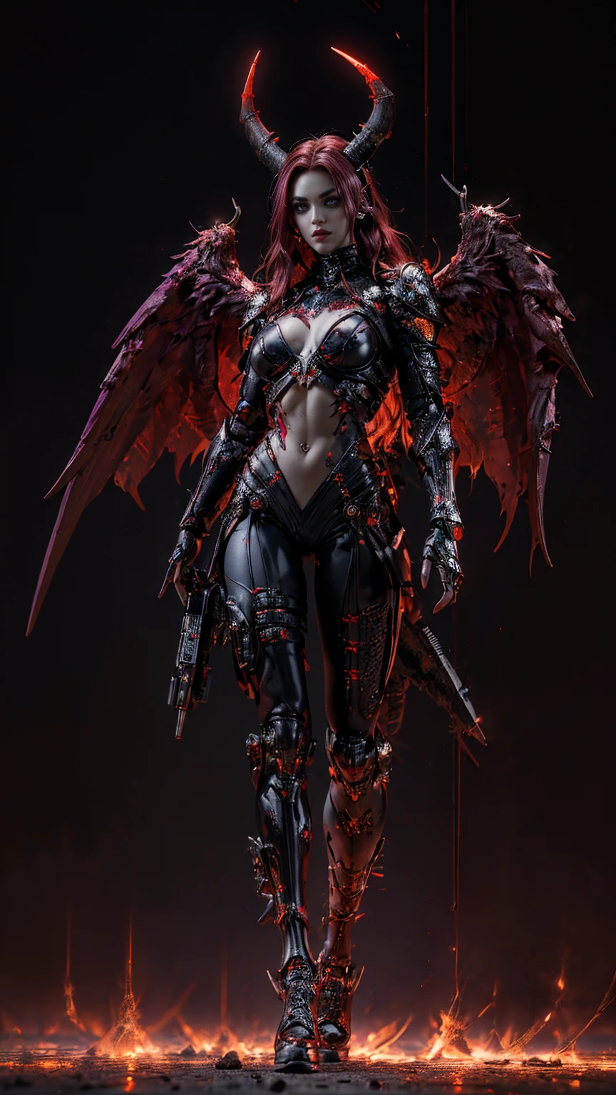 High quality, a woman in armor, red eyes, vintage gorgeous armor, metallic texture, bat wing-like metal on the back, 8K, realism, correct anatomy, perfect limbs, perfect fingers, background blur, soft light