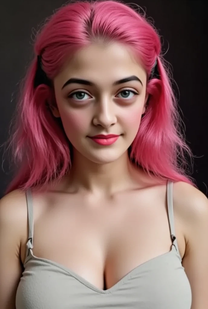 (Cabelo grande, ondulado, rosa, com franja) (pele: parda) (olhos: rosa) (sexo: feminino) (roupa: mitologia, roupa preta e rosa, vestido) (pose: corpo de frente, e rosto um pouco de lado) (facial expression: um pouco brava) (background scenery: floresta rosa e verde) (desenho semi realista) 