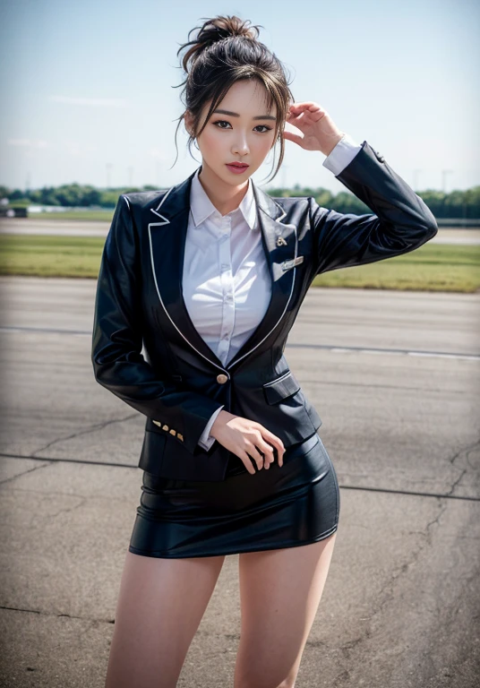 1 girl, beautiful vintage color, Instagram (photorealistic, high resolution: 1.4), staring viewer ((puffy eyes)), full body (8k, RAW photo, highest quality, masterpiece: 1.2), (realistic, photorealistic): 1.37), (sharp focus: 1.2), professional lighting, photon mapping, Radiosity, Physically Based Rendering, (White Skin: 1.2), (Small: 1.2), Viewer's Gaze, (Middle Hair: 1.5), Portrait, Bangs, (Simple Background: 1.4), Solo, Upper Body, Realistic, (Masterpiece: 1.4), (Best Quality: 1.4), (Glossy Skin), Fashion Girl, Makeup, Smile (Skinny, Mouth Closed, Shy: 1.3), (Standing, Black Stewardess Uniform, Necromancer: 1.1), Sexy Pose, Beautiful Details, (Intricate Details: 1.2)