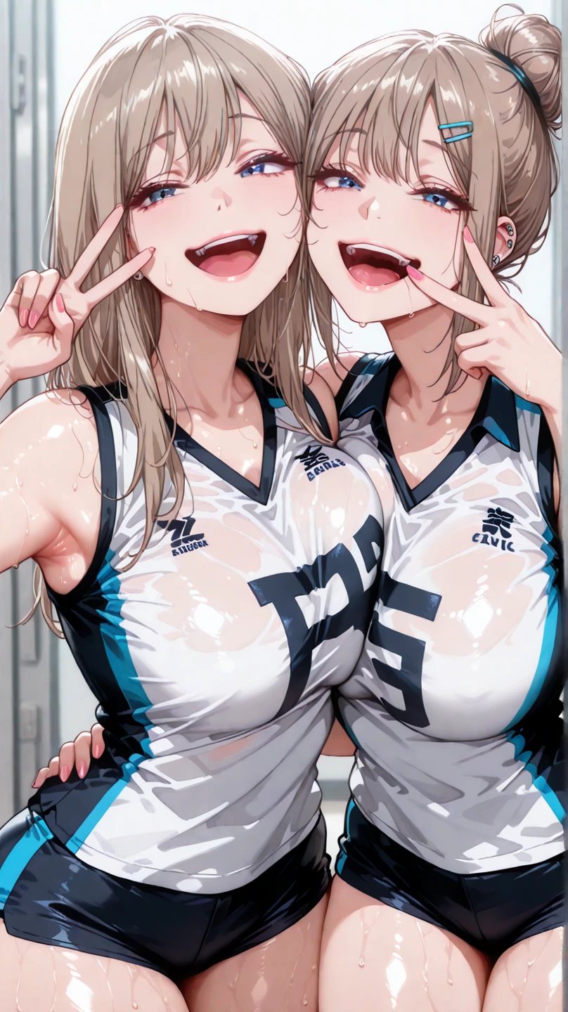 Closeup, Swiss Up , eye、We 、GBF_style、748cmstyle、32K、semi-realistic、 super detailed description 、Artwork、original work、 detail color、 detailed eye、 Detailed Lips 、 詳細なeye、Exquisite Eyes, The best傑作、professional job、Big breasts, lots of piercings, pop art, shiny oily skin, Realistic Skin, 2 Girls, The best, Long Hair, blue eyes, gold, Smile, eyeを細めた, open lips, viewers, naughty expression, Chisa, Alone, Chisa_IlXL,brown hair, Sexy Body, sensual, Bearberry, volleyball uniform, sportswear, shorts, shOrt shorts, hair bun, Smile, Smile, viewers, O, V sign, Feeling vague, open your mouth, Blink, happy,hair clip, Gyaru girl,