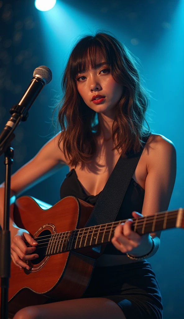 1 A girl is playing the guitar on stage, (((Completely naked(1.8)、All Nude(1.8))), not wearing panties(1.5)、smooth pussy(1.6)、shave(1.6)、no hair(1.6)、shaved pussy))), concert photography,guitarist, music performance,stage lighting,, ((15 year old girl, slim, thin waist, Thin thighs, Thin arms))