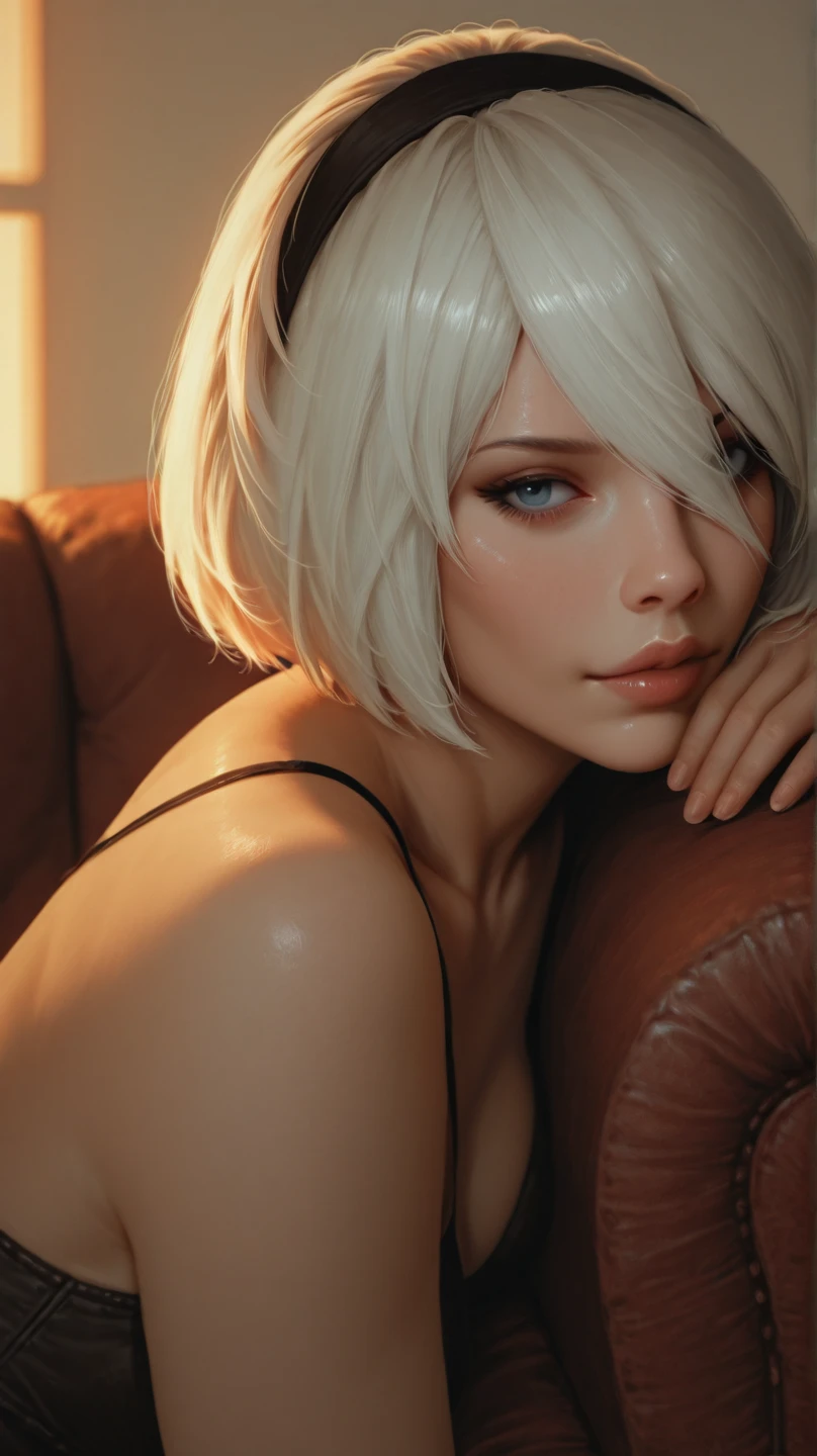 High resolution, solo, facing camera, (detailed face), ((best quality)), ((masterpiece)), (detailed), perfect face, 2b, white hair, fully naked, fully nude, legs spread open, sexy pose, pussy, erect nipples, small breasts, hourglass figure, good lighting