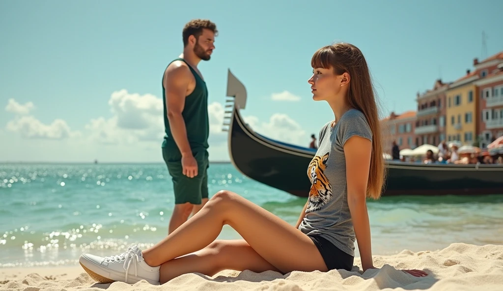with black headscarf, grey sweatpants, in bra, Barefoot woman talking to her boyfriend on the beach