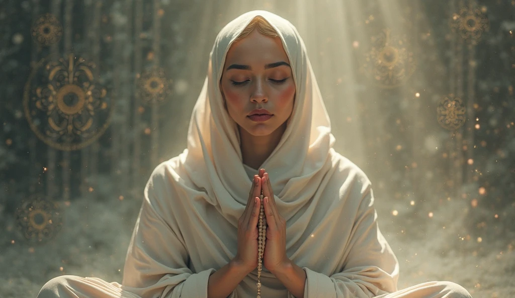I am the rain that sees the most beautiful muslim woman, wearing hijab and touches her all over her body of different races giving her hope and faith and using only pastel colors  , The message I want to give is that there is hope, we just have to look for it.,  very royal style, detailed 24k unique piece uses the triangles of composition details of his whole body details in his hands illumination of hope and nostalgia climate of colors of humility