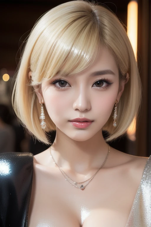 ((Highest quality, 8K, masterpiece :1.3)), Sharp focus :1.2, Beautiful woman with perfect figure :1.4, Slim Abs :1.2, ((Big Breasts, Accentuate your cleavage:1.3)), (PhotoRealistic:1.4), (Realistic:1.4), (Blonde:1.5), Highly detailed face and skin texture, fine grain, double eyelid. Makeup Face. A little bit of lipstick, necklace, Earrings, Sex Appeal, Sexy fiery pose, (Sexy woman in a red lace blouse、Inside the restaurant、Smiling face、Bobcut、Sitting at the table pose。:1.3)
