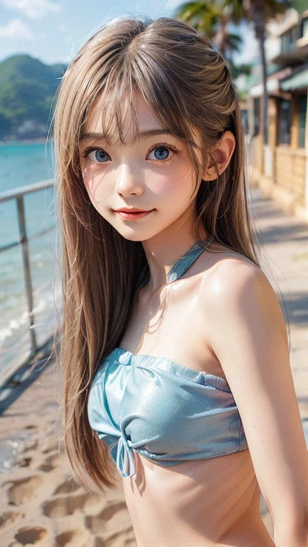 ((masterpiece)), ((highest quality、Ultra high definition)), (Very detailed),8K、Photo quality、((Amazingly cute girl)),(((14-year-old girl))), Two people, , (Beautiful emerald blue eyes), ((smile)),In the open-air bath overlooking the sea, Beautifully arranged black hair in twin tails、whole body、Cute lolita maid style swimsuit))、Professional Lighting、(White lace knee-highore detailed and beautiful)、(More details and cutenesore realistic)、(((Just wear light clothing)))、プールではしゃぐ、