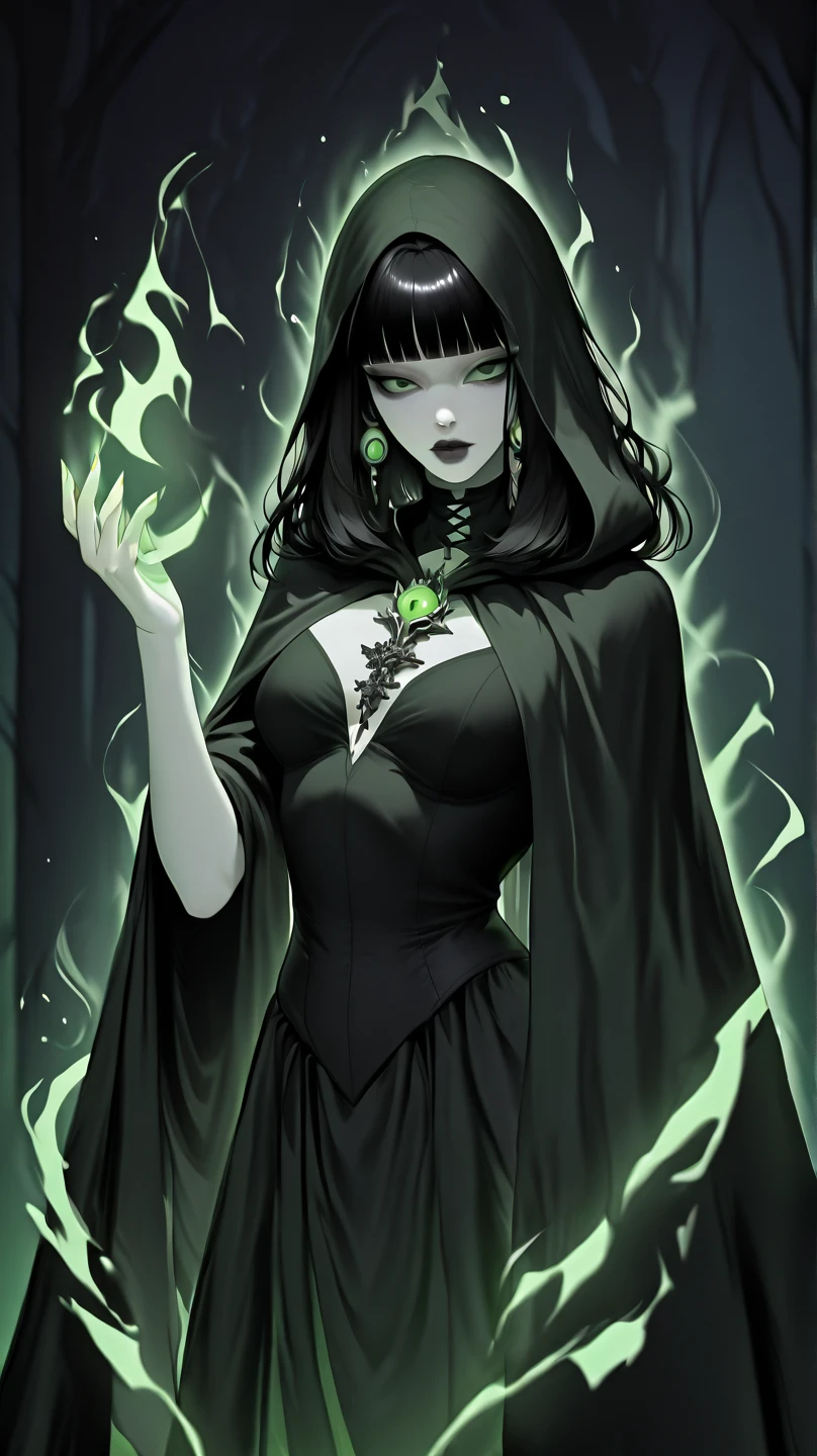 perfect eyes:1.2, detailed eyes:1.4, cleavage, long hair, NecromancyAI, bones, skull, cutout dress, navel, black dress, off shoulder, cleavage, witch hat, black hair:1.2, hair over one eye:1.2, lipstick, chest tattoo, green lips, green eyeliner, glowing green lipstick, green eyes, makeup, 1girl, solo, (masterpiece:1.6, best quality),