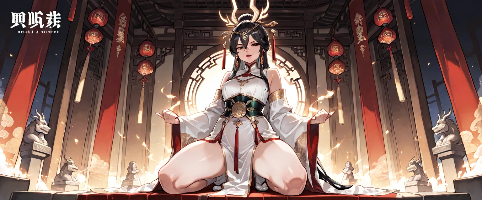 (masterpiece), best quality, expressive eyes, perfect face, (with a white chinese dress with golden dragons in it,  devious smiling, long black hair, bangs, ((torso, intricate gold crown, sitting on throne crossed legged)), (red eyes), with thick golden dragon tale, ((perched atop a large golden dragon throne), ((cruel smile))