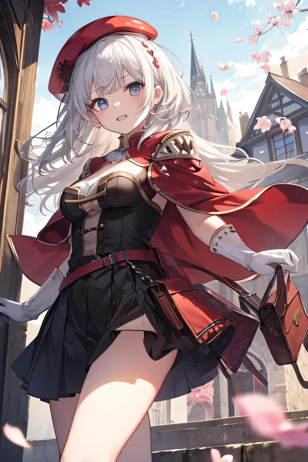 Serious girl, white hair, (showing teeth), castle background, castle background(mansion), complete anatomy, Graphic Effects, height 159 cm ( 5 feet 3 inches ), red beret, strong breeze , sakura petals and leaves, , Masterpiece, the best quality