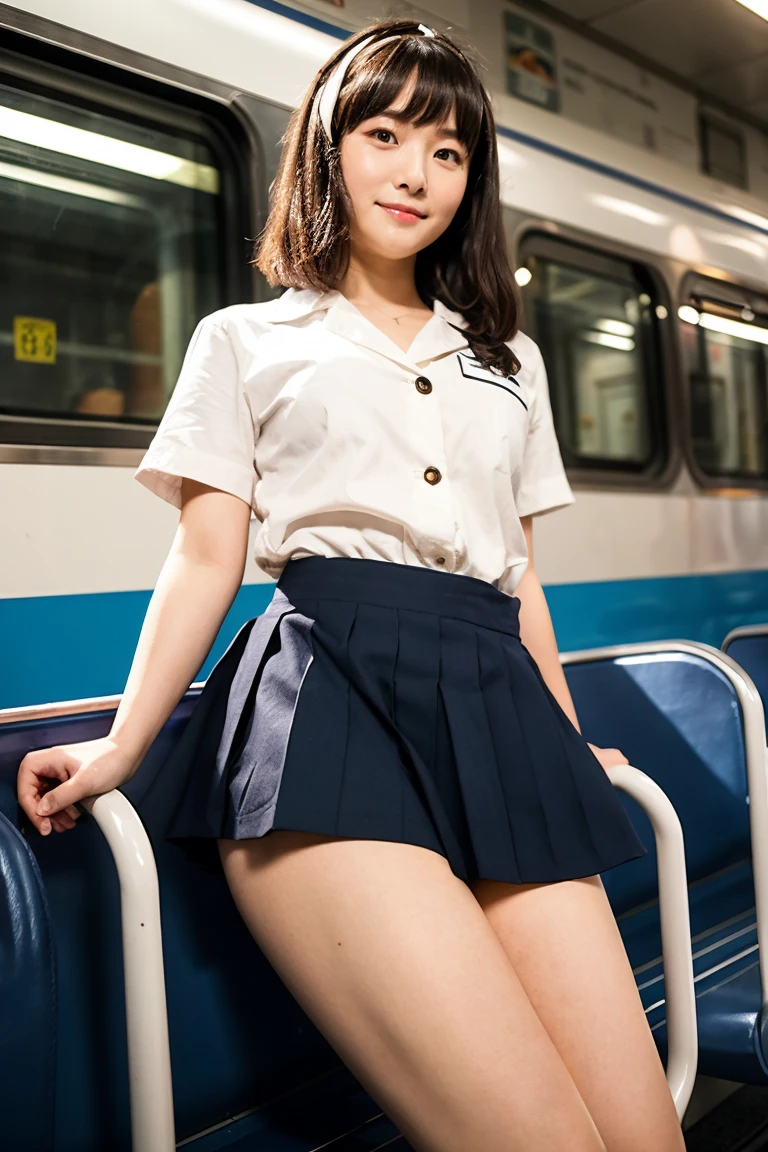 (8K, highest quality, masterpiece: 1.2), (1 girl), (realistic, photorealistic: 1.37), super detailed, highest quality, ultra high resolution, professional lighting, train, cute girl, school uniform, straight hair, smile, (from below), nsfw, miniskirt, ((Flirtingly lifting her skirt to show her panties:1.3))