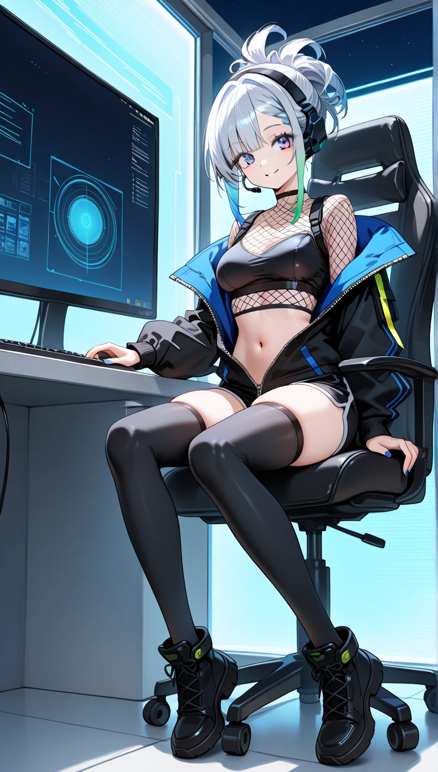 ((8K、high-level image quality、Master Pieces))1人の女性((独奏))、short-hair、Black hair, Blue inner hair、Blue eyes、ear piercings、Black Shoulders Cleavage、Navel Ejection、Black jacket、Black Miniskirt、long boots、recording studio、Sitting with an electric guitar