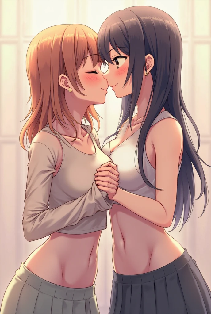 Two cute anime femboys kissing and touching in the classroom full body white high thighs wearing adult baby diapers