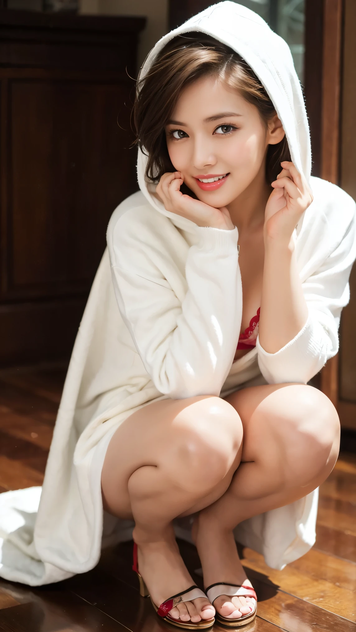 ((full body)),((full pose picture)) Masterpiece: 1.3), (8K, Photorealistic, RAW Photography, Best Quality: 1.4), Japan Girls, Standard Body Shape: 1.3, (light brown straight bob Hairstyle: 1.4),  Ultra Detail Face, Eyes of Detail, Double Eyelids, slim legs, slim body, 20 years old girl, teen, ((squatting:1.4)), Slouching Breasts, Sharp Focus: 1.2, Pretty Women: 1.4, Light black Hair, Top Quality, wink, blushing, Masterpiece, ((smile:1.3)), Ultra high resolution, firm buttocks, black eye shadow, (photorealistic: 1.4), very detailed and professional lighting smile, hotel room, white bathrobe:1.4,