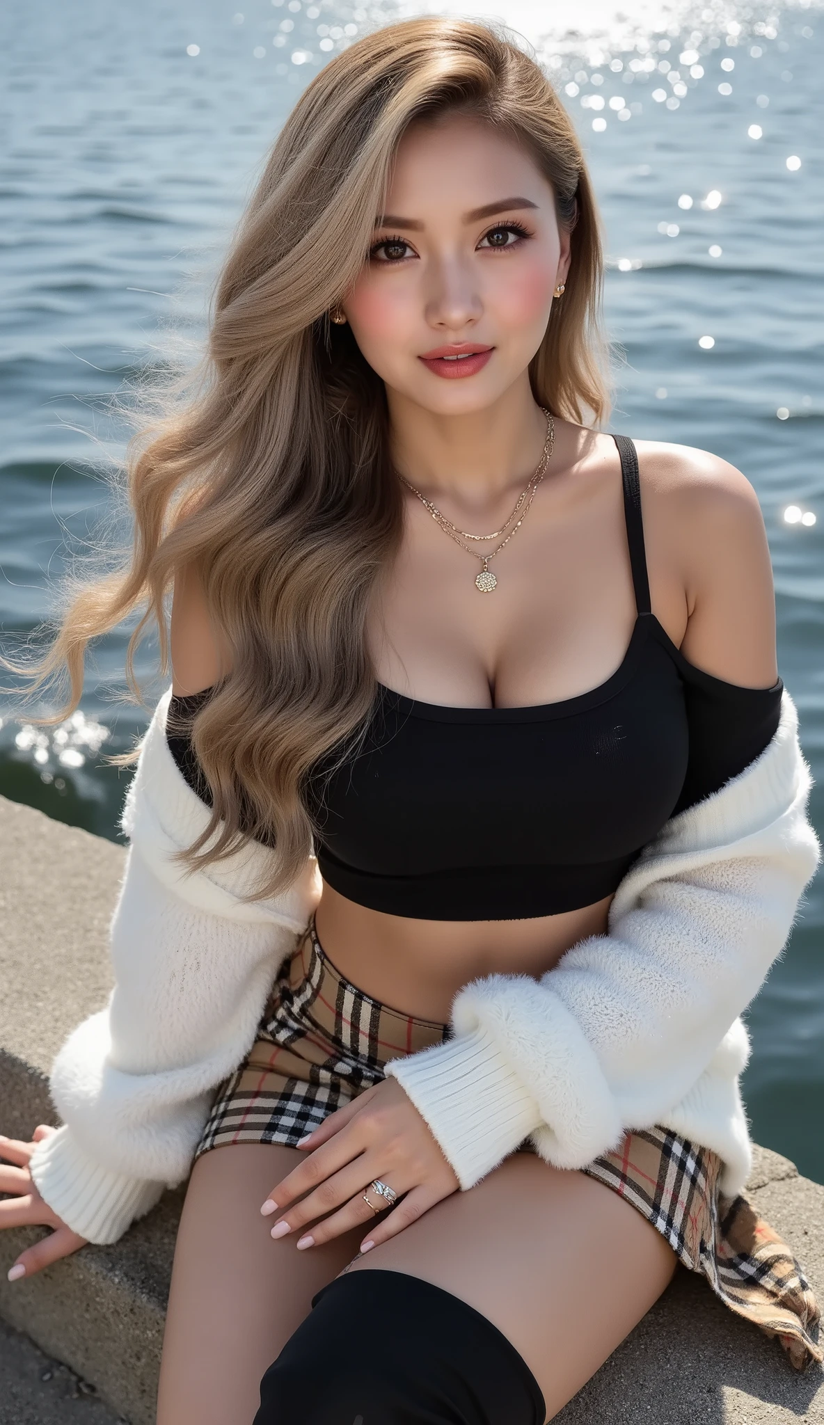 Cool Beauty, blonde, shiny, silky, wavy long hair,passionate and explicit, charming eyes, Transcendental Style , Big breasts:Gcap,necklace,piercings,decoration nail,ring,wearing a black wide crop top with open shoulders and an oversized knit, fluffy, girly sweater, Burberry check flared skirt, black thigh high boots, The background is sparkling water droplets reflecting the sun's rays, Ultra Detailed, Absolute Determination, masterpiece