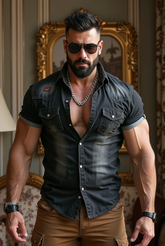 35 year old man, of exaggeratedly large completion, short hair shaved on the sides, with red rays.Leader of a group of bikers, shirtless with six pack abs, and with a leather vest.