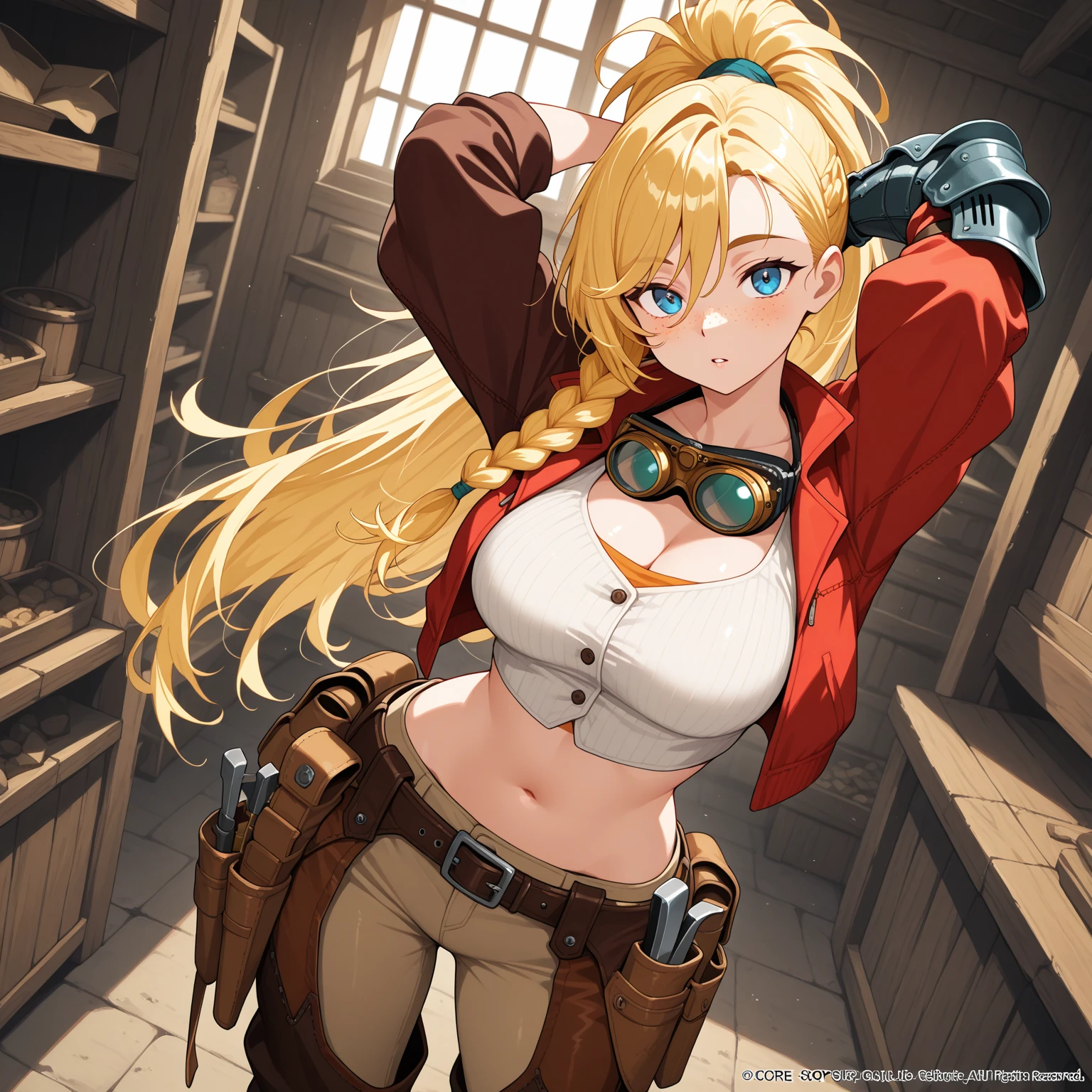 (high resolution、High resolution、Fine)、steampunk、Industrial Landscape、Vintage Outfits、solo、Curvy Women、Blonde、(goggles)、Sparkling eyes、(Eye detail:1.2)、smile、blush、Sweat、Oily skin、Soft tones、Shallow depth of field