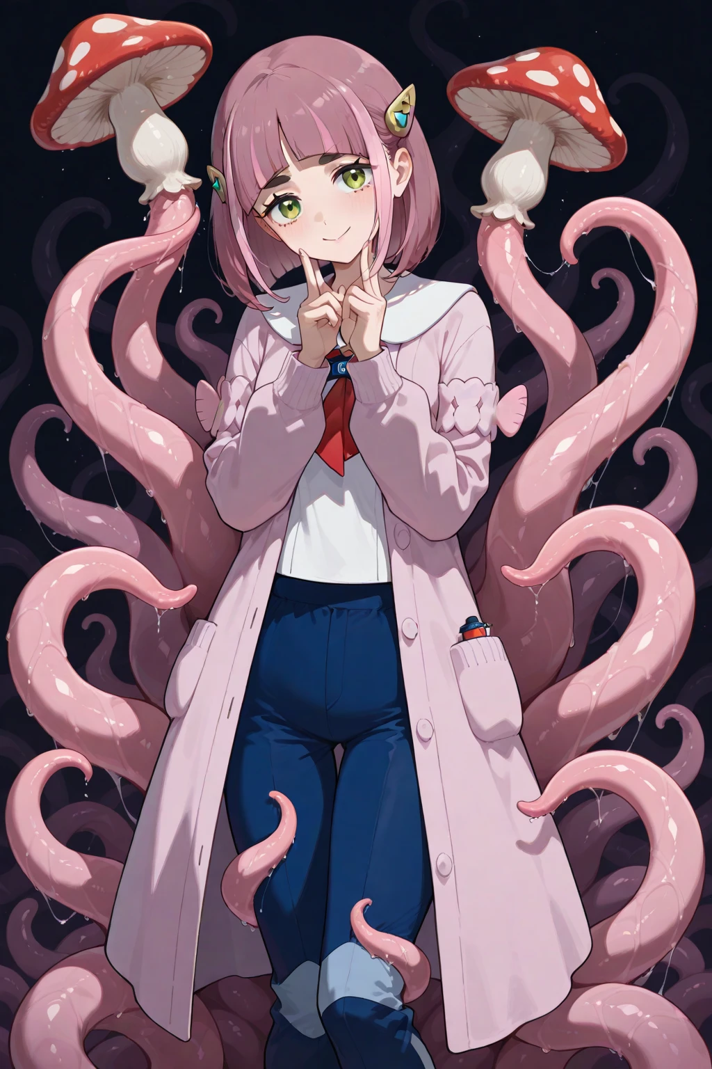 ((best quality)), ((highly detailed)), absurdres, (detailed eyes),1girl,20 years old,solo,long hair,pink hair,(((white shirt,black standart tie,black skirt))),dynamic pose, cowboy shot, (((scylla))), (((octopus girl))), standing, (tentacles:1.33), (suction cups:1.33), (fused:1.33), ((tentacle legs)), squidlegs, ((underwater,sea, aurora,night)),leaning forward, serious,cute,reaching out