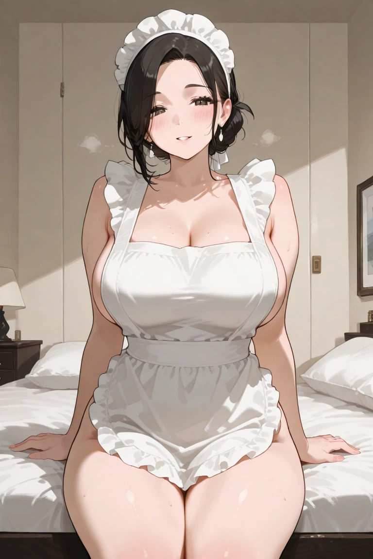 ((Best Quality)), ((masterpiece)), (detailed), 1 girl, black hair, long, Hair covers half of the face, Red eyes, big breasts, big thighs, shy expression, blushing, gray skin, White dress, at home, acostada en una cama, tapándose la mitad del rostro con una almohada