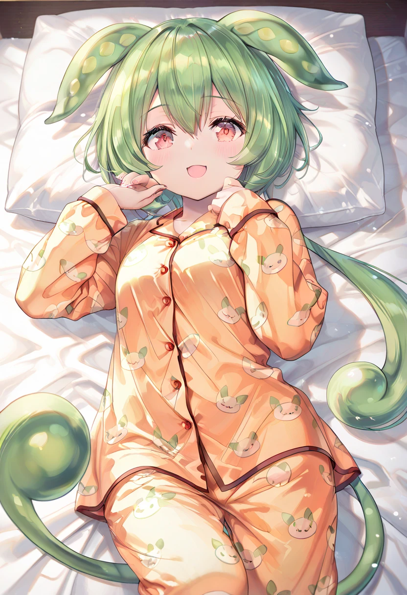 (Kigurumi pajamas style) (15 yo, solo green hair long hair cute girl, cute yellow eyes, love smile medium tits), (in a dog:1.3 hooded kigurumi pajamas), break, in the lovely bedroom of night, BREAK, masterpiece, best quality, 16k, beautiful detailed night, daydreaming expression.