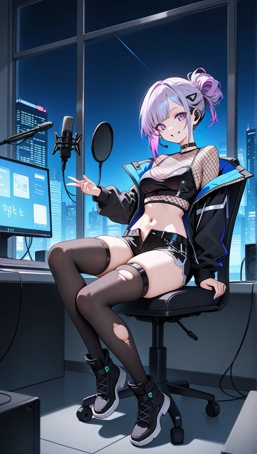 ((masterpiece:1.4, best quality))+, (ultra detailed)+,
(detailed screen UI design:1.4),1girl,cute girl doing live streaming,(detailed layout)+, including elements such as chat box, side bar, (icon),She's in the sidebar of the screen,silver hair,pale-blonde long twintails,
violet eyes, cyberpunk,,(white thighhighs), cute girl,blue clothes,(flat chest:1.3),
(english text:1.25),
<lora:torinoAquaStyleLora_offset:0.2>