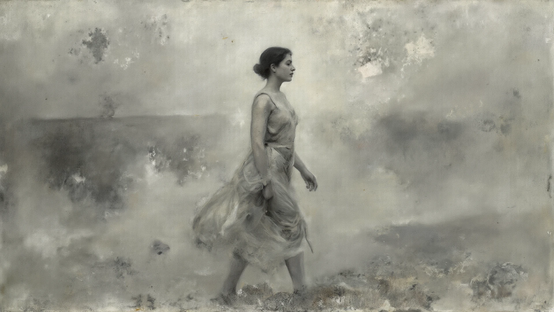 alone in the universe, in watercolor style, Photorealism, discreet golden and ruby and mint shades, (nude) gentle modest thin girl (with a very beautiful exquisite face) southern type with short dark hair with beautiful breasts with tender nipples (barefoot) in a long burgundy skirt walking in the distance (Across the desert), stunted little plants, drought, precious jewelry on the neck and chest and on the wrists, precious bracelets, ankle bracelets