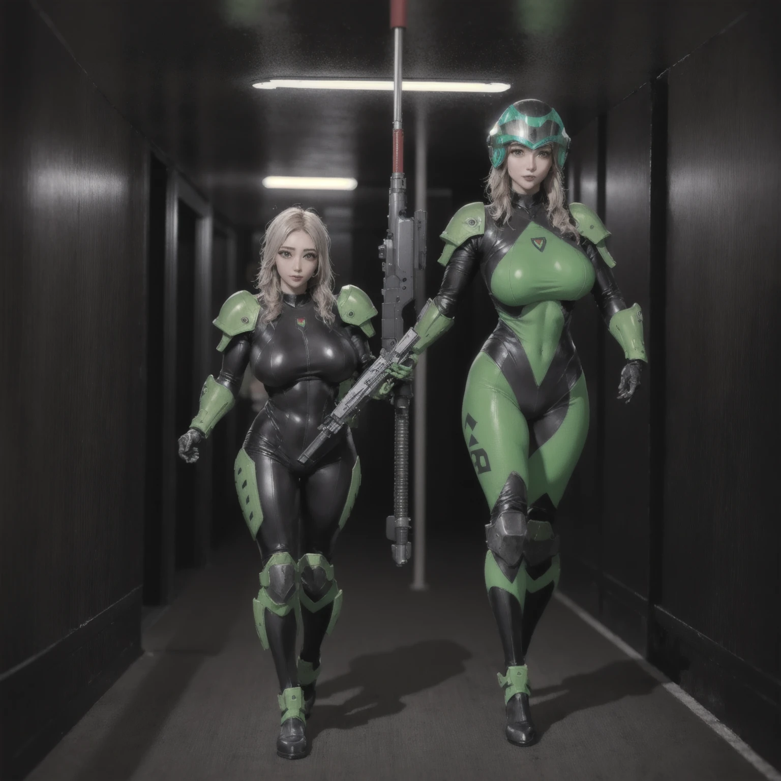 Worn by a muscular 21-year-old woman《Green Doomsday:Doom》Marine armor and《Doom》shelmet,The chest is huge, (Big breasts: 1.6)、 (Mature breasts: 1.7), (Chubby breasts: 1.4), Chubby breasts,no-bra、Not wearing a bra、huge tit、gigantic cleavage breasts、Large breasts、Big breasts Thin waist、Slim waist、Giant buttocks、gigantic hip、Large buttocks、Wide screen、Widescreen 16:9、Equipped with a huge futuristic rifle,walking down hallway of futuristic space station