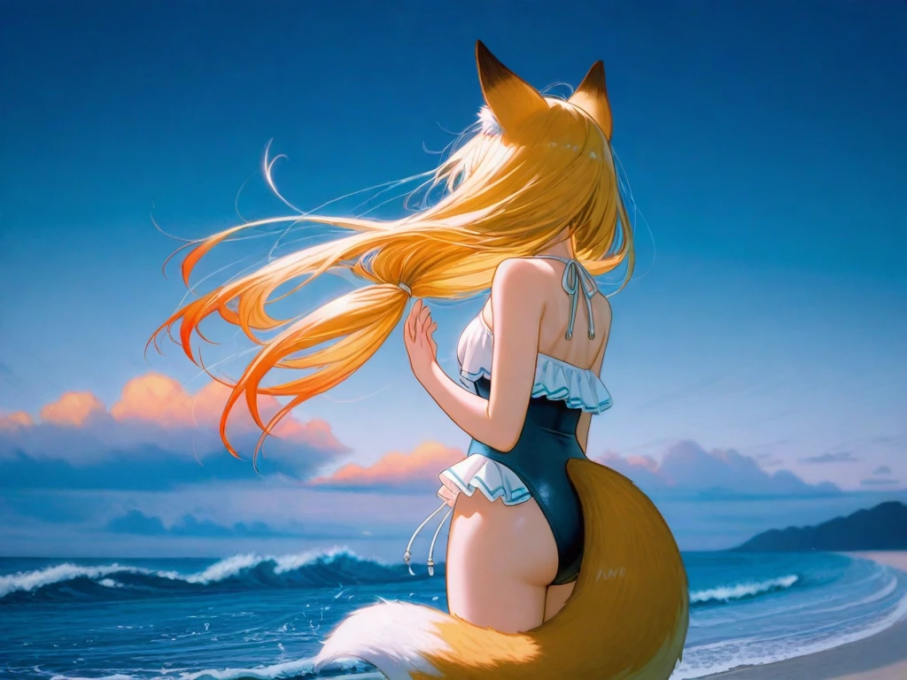 Fox girl, (((furry))), furry, golden fur, long blonde hair, golden fur all over, golden fur on the hands, forelimb hands, golden fur on the back of the hands, palm fur, eyes with light, reddish-orange eyes, super cute face, brown elements on fur, ambient light, super fine fur, volumetric light, night, seaside, clouds in the sky, blue day, natural lighting, smile, fluffy tail, color contact lenses, bright pupillack bikini, nude, topless, black thigh high stockings, covered in stcky white fluid