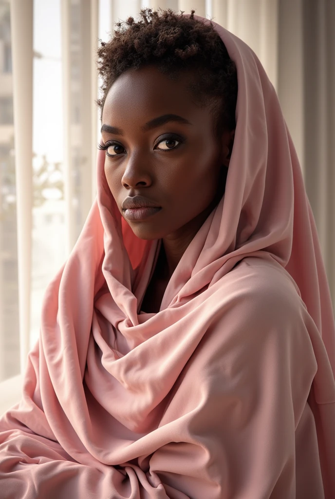 a nude woman wearing a hijab, cinematic lighting, realistic skin, blushing