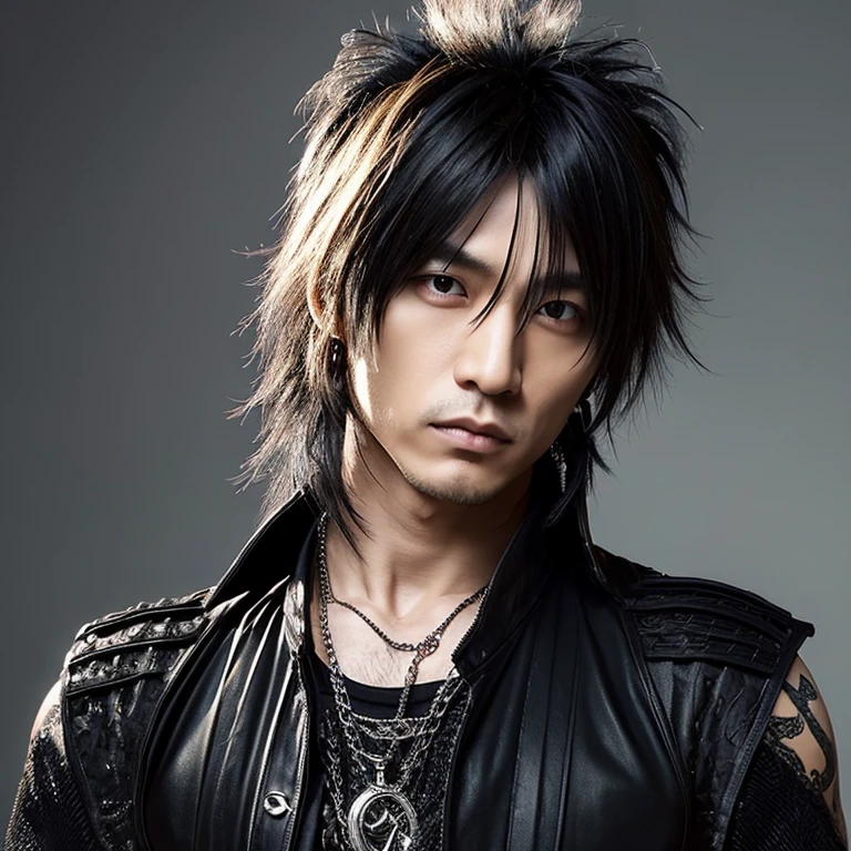 1 Japanese rocker, male, Asian eyes, muscular, broad shoulders, dragon, hairstyle in Visual Kei style, hair Visual Kei, outfit rocker,  ultra detailed face and eyes, hyper realistic, realistic representation, 30 years old, age 30 years, full body, black and blonde hair 