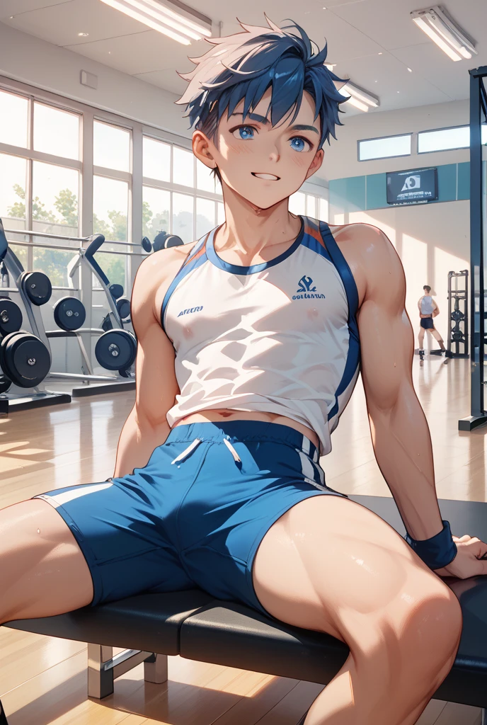 A small child, (showing armpit:1.3), (younge boy,???'s face,elementary student,Square chin,Juvenile faces,a baby face,kiddy big breasts,infancy),nakeness,Round eyes,Raise your head,Chest,(Thick chest hair),(Thick abdominal hair),No beard,(Stout stuffy tail),rainbowing,Short round face,Flat chin,Fine face in detail,Teal briefs,Muscular and strong,Short black hair,(Gradient hair color),nakeness,Teal briefs,Pectoralis abdominal muscles,Bare pectoralis abs,the night,vivd colour,(depth of fields:1.2),spread their legs,legs separated,Keep your legs straight,Close-up Shot Shot,rainbowing, fitness, gym room