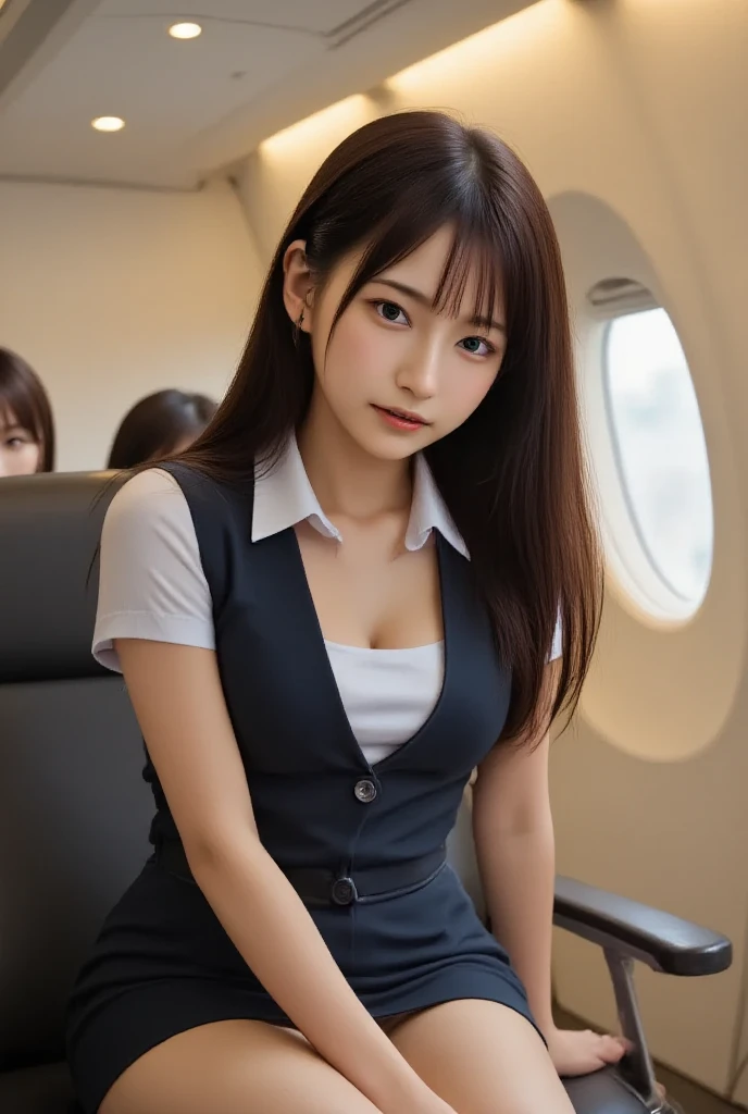 (masterpiece:1.3)、Super detailed finish、(High resolution、8k:1.3)、(highest quality)、(Super realistic like a photo:1.3)、correct limbs、anatomically correct, The face is in focus、close up on face:1.1、 ultra high definition face、Face is in focus、Ultra high definition and beautiful eyes、focused eyes、Eyes are symmetrical:1.3、High-definition and beautiful skin、firm skin、Ultra high definition hair texture、Japanese high school girl、17 years old、very cute, half updo, cabin attendant, (Japan Air Line cabin attendant uniforms:1.3), in a airplane, sitting on floor、cleavage, (embarrassed:1.3), (blush:1.3), (Strange look:1.3), Mr.々shooting angle:1.3, looking at viewer, nsfw